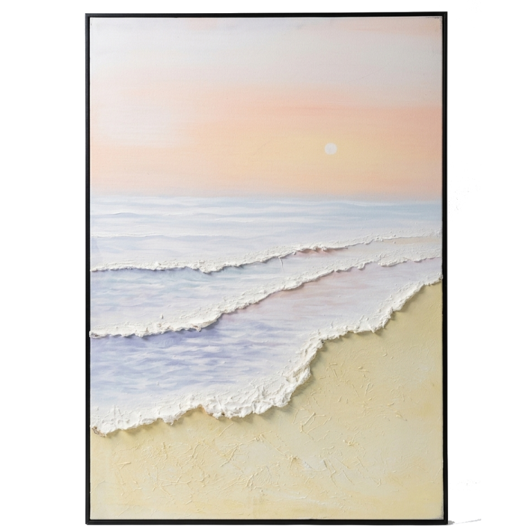 Framed artwork of a beach scene with waves and a sunset.
