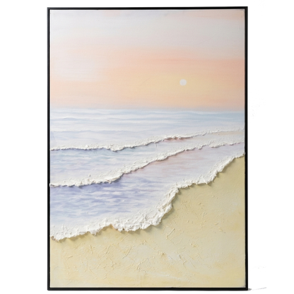 Framed artwork of a beach scene with waves and a sunset.