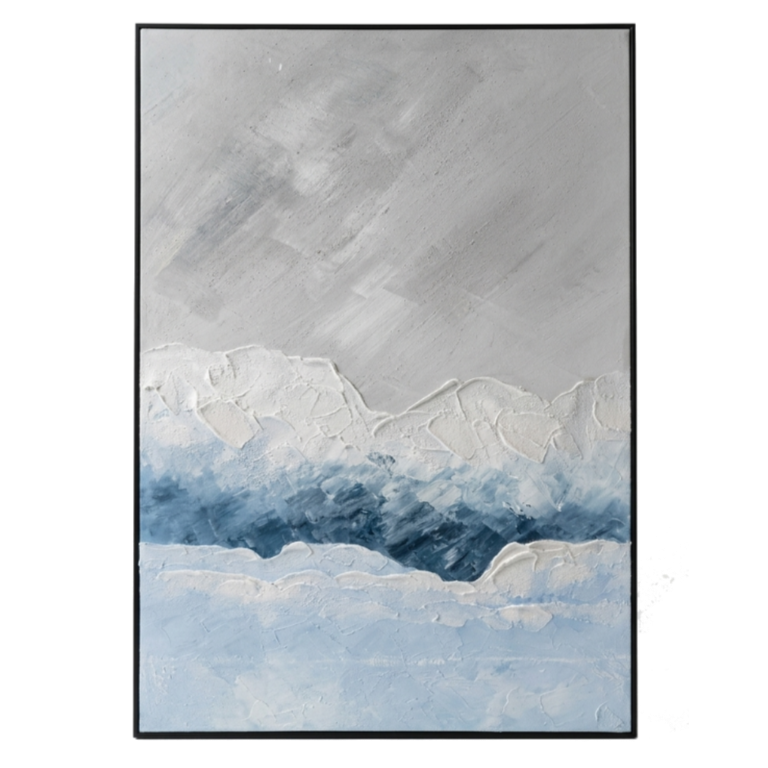 Abstract painting with wavy patterns in blue and gray tones.