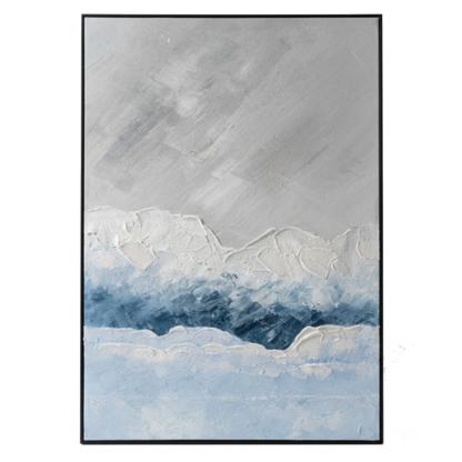 Abstract painting with wavy patterns in blue and gray tones.