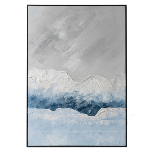 Abstract painting with wavy patterns in blue and gray tones.