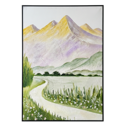 Framed artwork of a mountain landscape with a winding road and greenery.