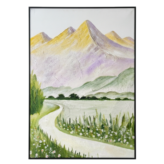 Framed artwork of a mountain landscape with a winding road and greenery.