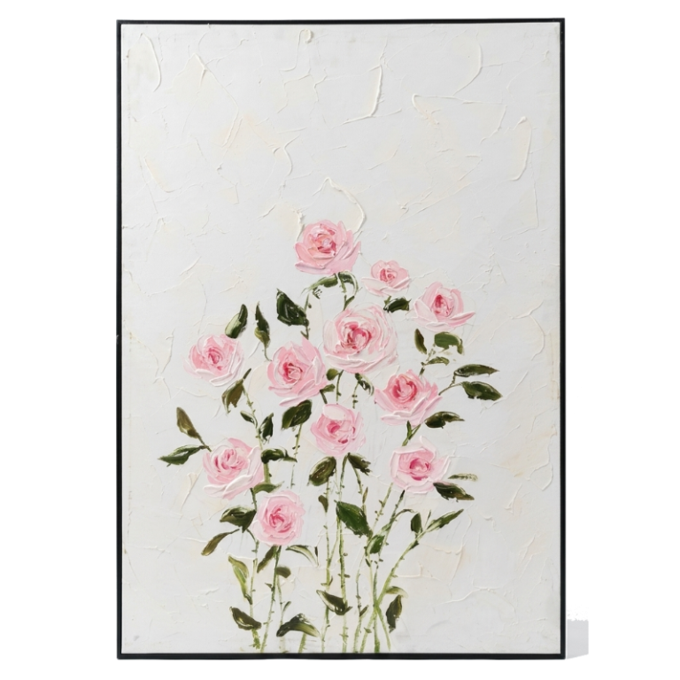 Framed artwork of pink flowers on a white background