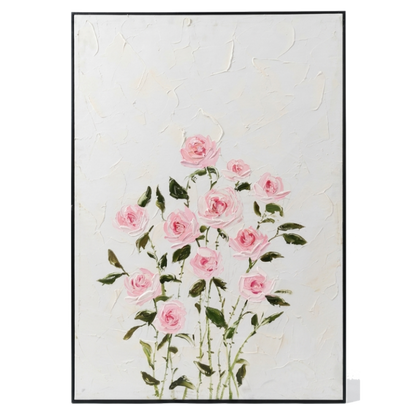 Framed artwork of pink flowers on a white background