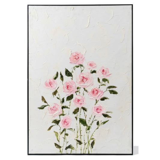 Framed artwork of pink flowers on a white background
