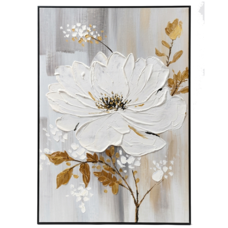 Framed artwork of a white flower with gold accents on a abstract background