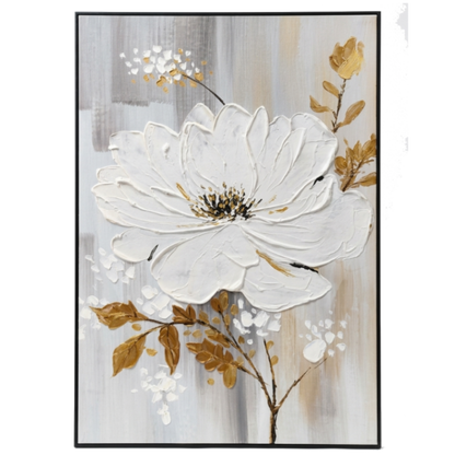 Framed artwork of a white flower with gold accents on a abstract background