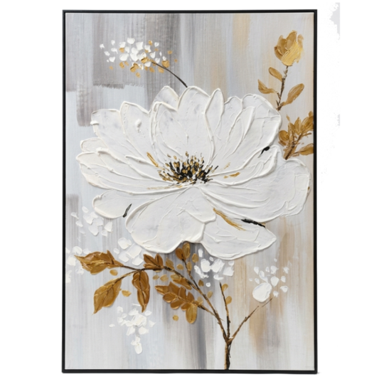 Framed artwork of a white flower with gold accents on a abstract background