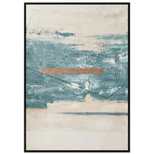 Abstract art print with blue and beige tones on a white background