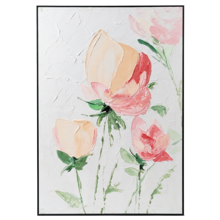 Floral painting with pink and peach flowers on a light background