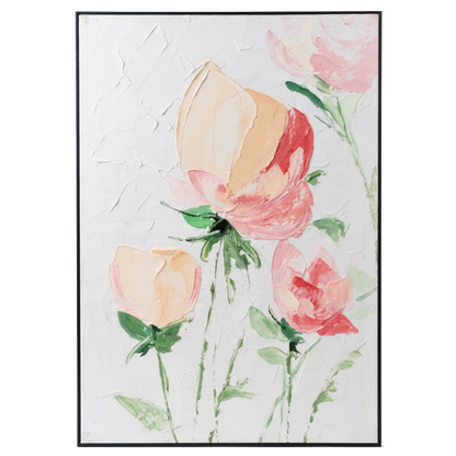 Floral painting with pink and peach flowers on a light background