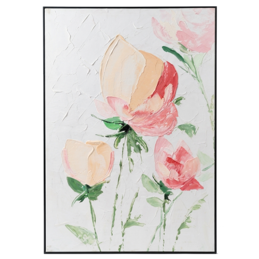 Floral painting with pink and peach flowers on a light background