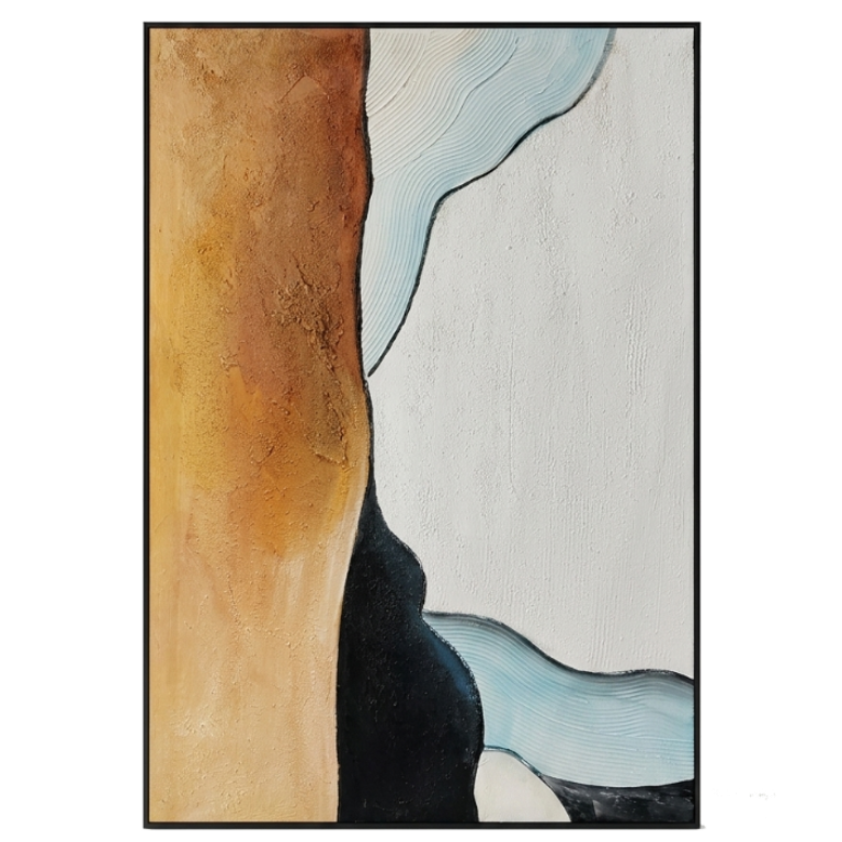 Abstract art piece with geometric shapes in brown, black, and blue on a white background
