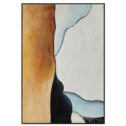 Abstract art piece with geometric shapes in brown, black, and blue on a white background