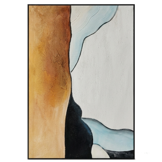 Abstract art piece with geometric shapes in brown, black, and blue on a white background