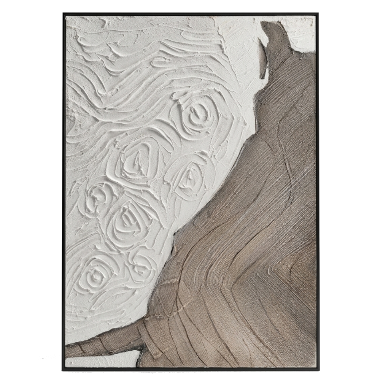 Abstract art piece with textured patterns in neutral tones.