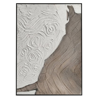 Abstract art piece with textured patterns in neutral tones.