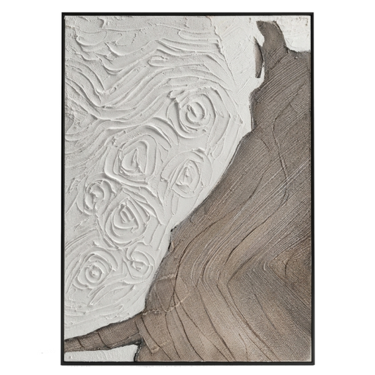 Abstract art piece with textured patterns in neutral tones.