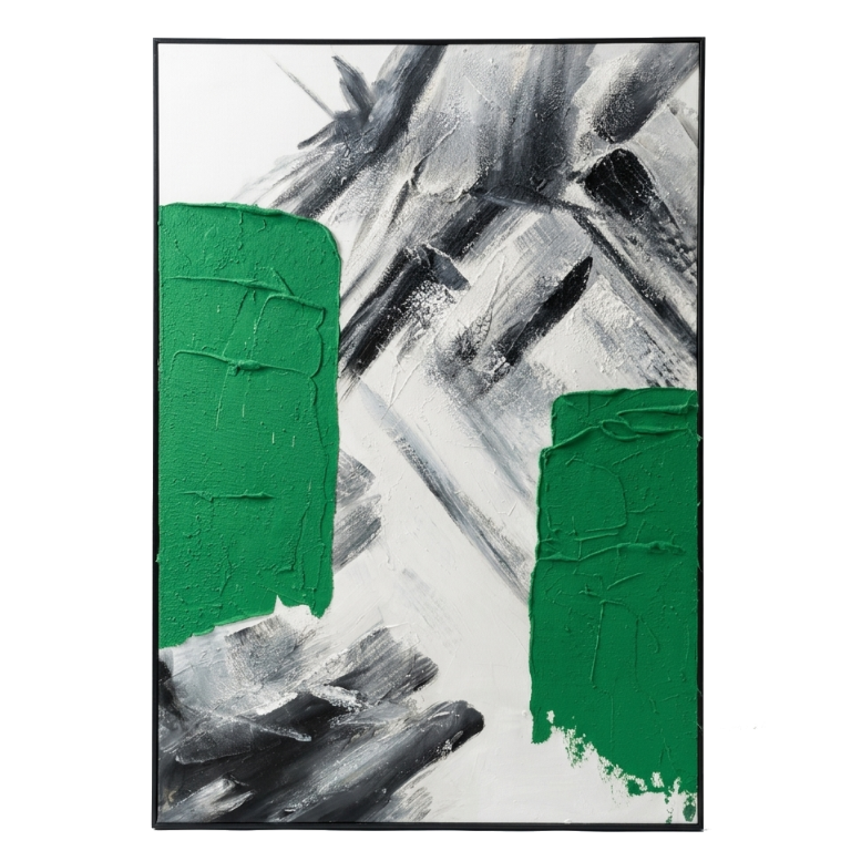 Abstract art piece with green and black brush strokes on a white background