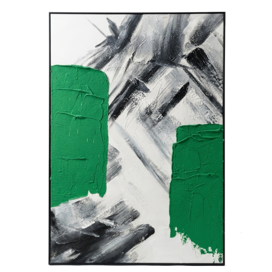 Abstract art piece with green and black brush strokes on a white background