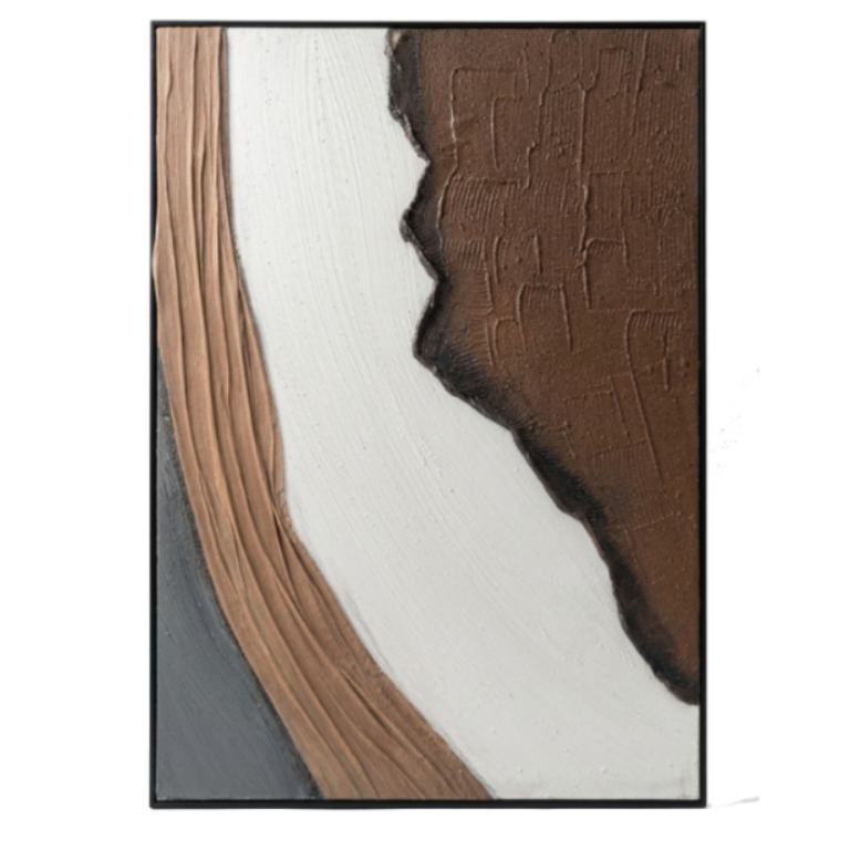 Close-up of a wooden surface with a white and brown abstract design.