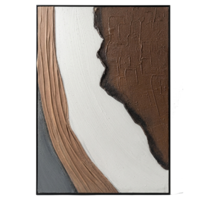 Close-up of a wooden surface with a white and brown abstract design.