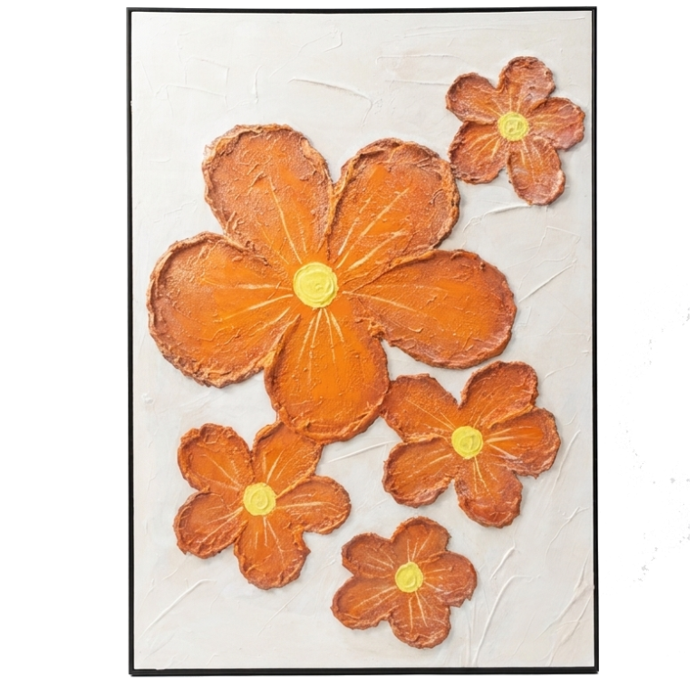 Decorative wall art with orange flowers on a white background
